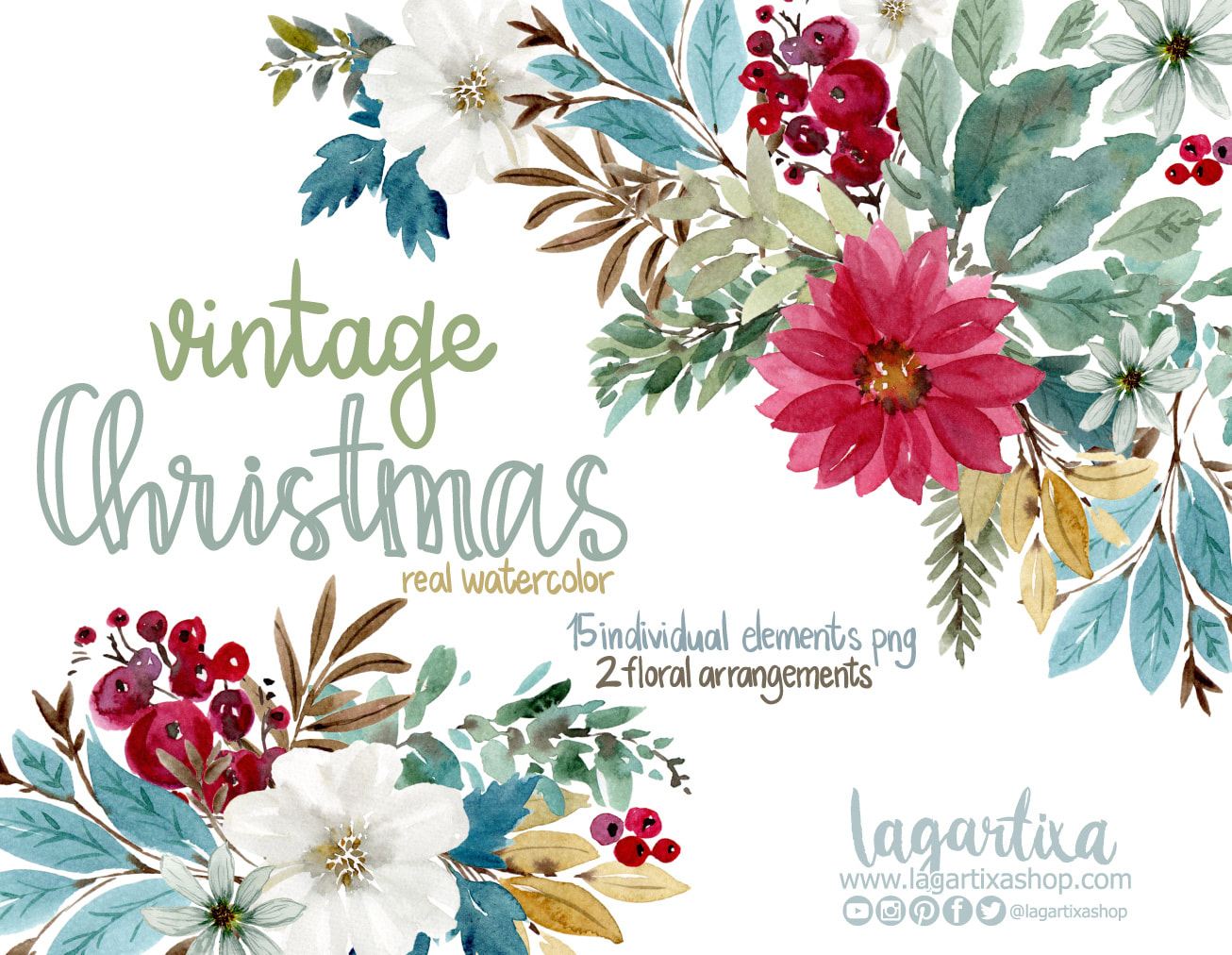 Watercolor Christmas Floral Arrangement, Poinsettia, Flowers, Natale,  Navidad, Winter Deco