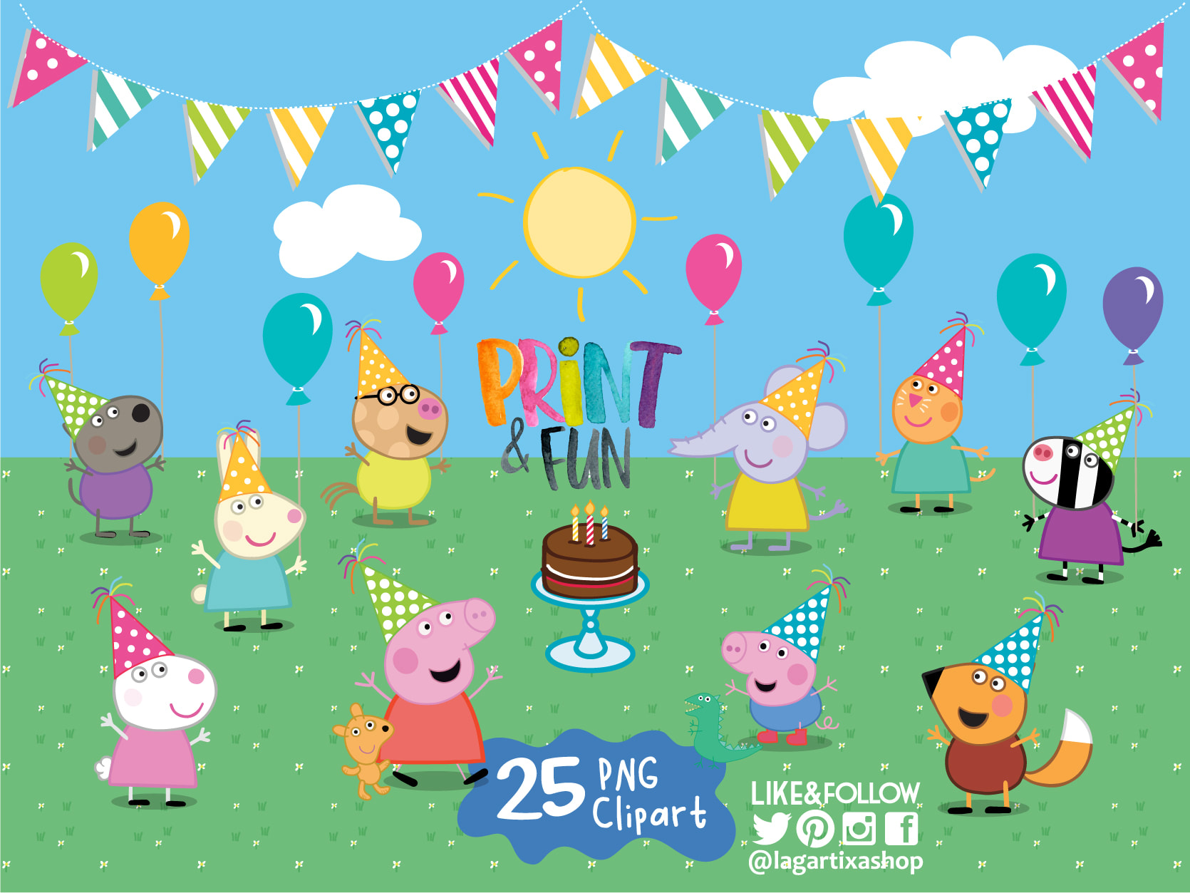 verdiepen verontschuldiging groei Peppa Pig & George and friends Birthday Party PNG Clipart elements,  Background, cake, balloons, party hats event decoration