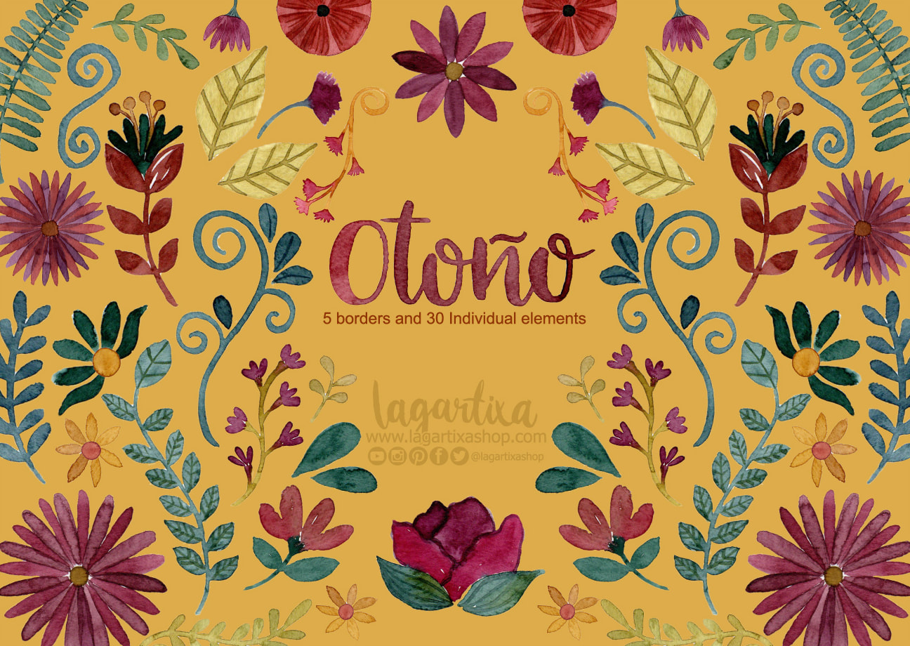 Flores de Otoño tipo Mexicano, Decoracion Mexican Watercolor, Floral  clipart, PNG, mexican party, flowers, folk clip art, hand painted, colorful