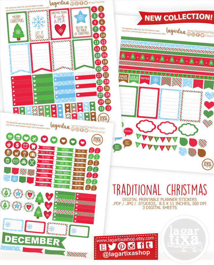 Christmas Printable Planner Stickers for Christmas, mint, red